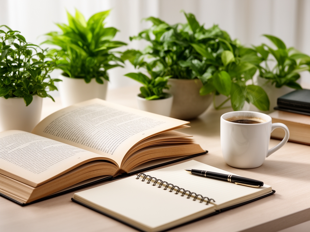 Espace de travail élégant et lumineux avec des livres ouverts, des plantes vertes, une tasse de café et un carnet de notes, atmosphère studieuse et sereine, lumière naturelle douce