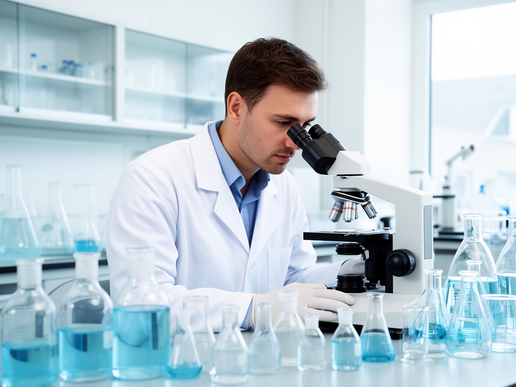 Chercheur travaillant devant un microscope dans un laboratoire moderne bien éclairé, entouré de fioles de verre et d'équipements analytiques, ambiance scientifique et professionnelle