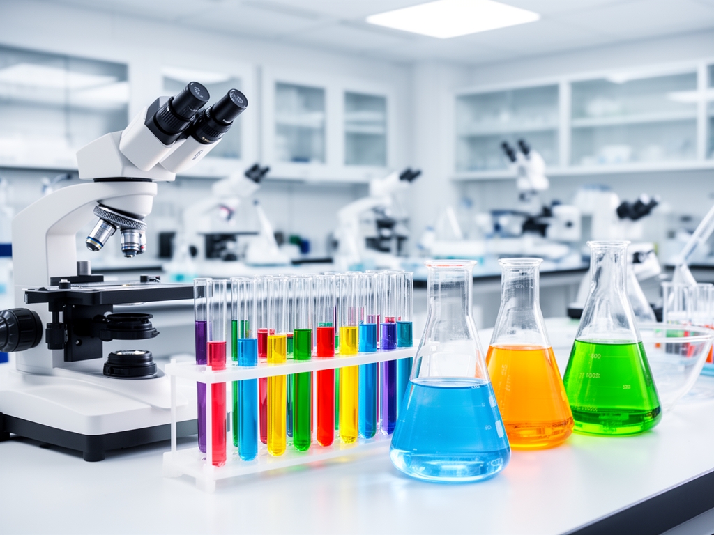 Laboratoire de recherche moderne avec des équipements scientifiques et des éprouvettes contenant des liquides colorés, ambiance lumineuse et propre