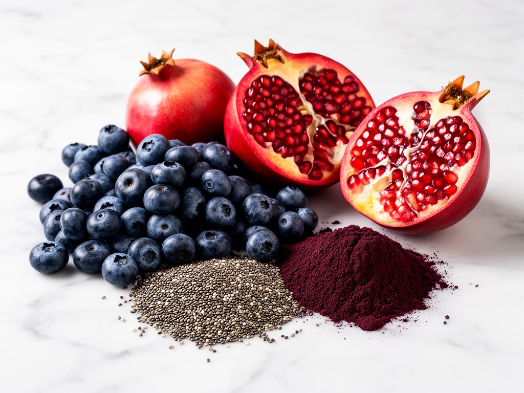 Assortiment vibrant de superaliments riches en antioxydants : myrtilles, grenades coupées, graines de chia et açaï en poudre sur fond de marbre blanc
