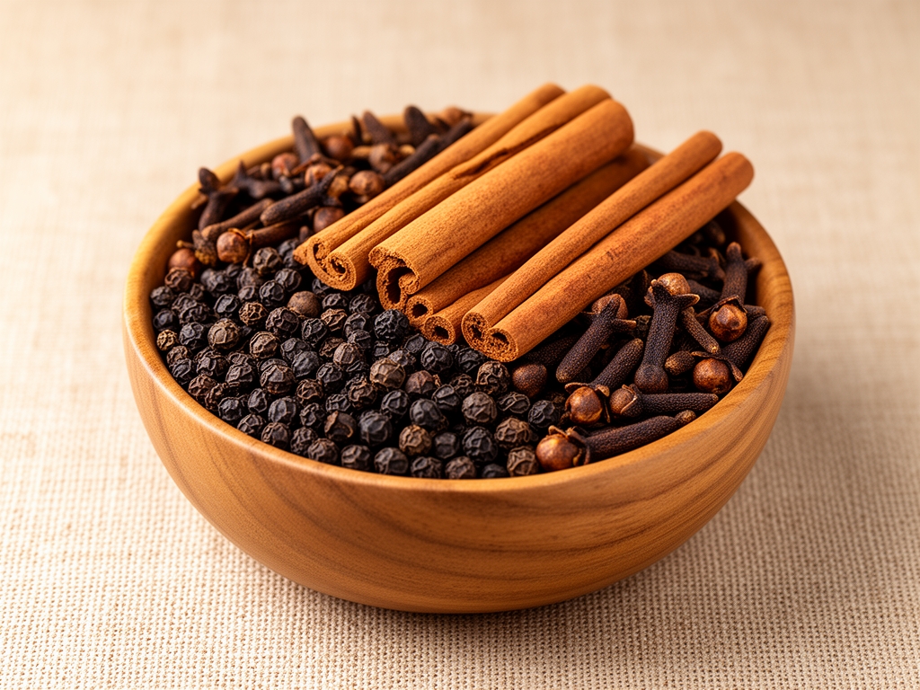 Bol en bois rempli de grains de poivre noir, cannelle en bâtons et clous de girofle séchés, fond textile beige naturel, lumière douce et chaude
